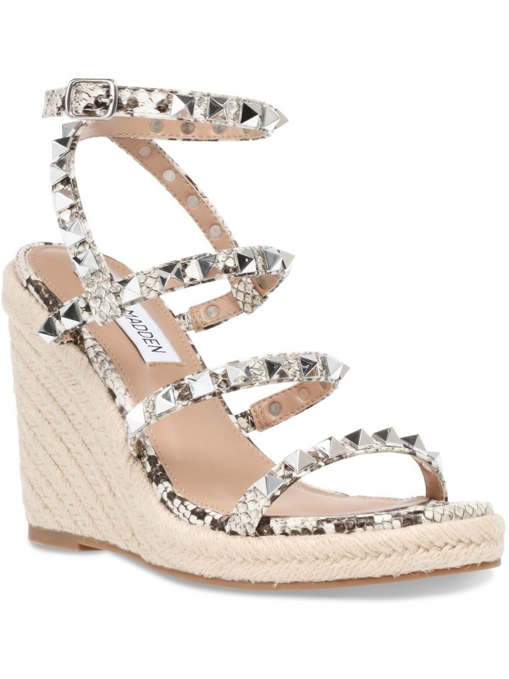 Steve Madden Maci Silver Studded Espadrille Wedge Sandals w/ Snake-Print Straps